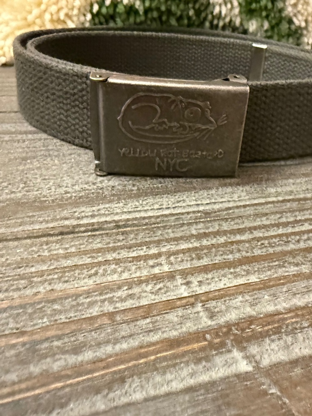 Vintage NYC Yellow Rat Bastard Olive Canvas Belt